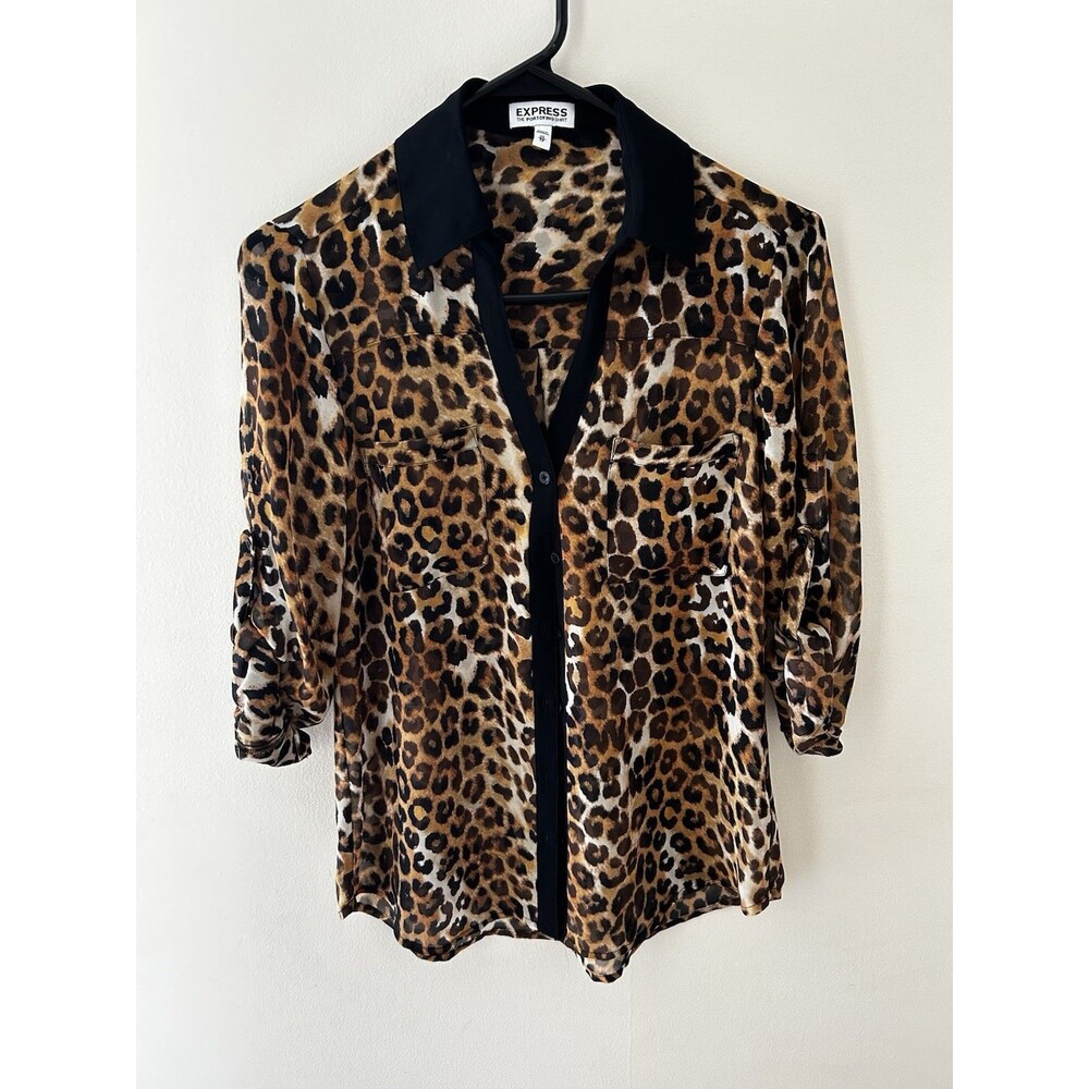 Express Womens Sheer Leopard Print Portofino Shirt XS Tab Sleeve Relaxed Fit